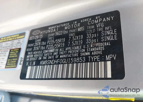 2016 Hyundai Santa Fe Limited from USA, damaged, VIN KM8SNDHF0GU159853